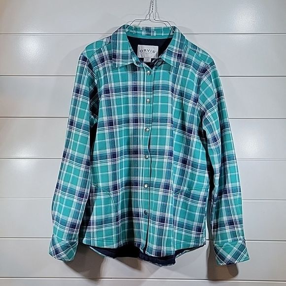Orvis Fleece Lined Plaid Flannel Button Up Shirt Shacket Jacket - Picture 5 of 9